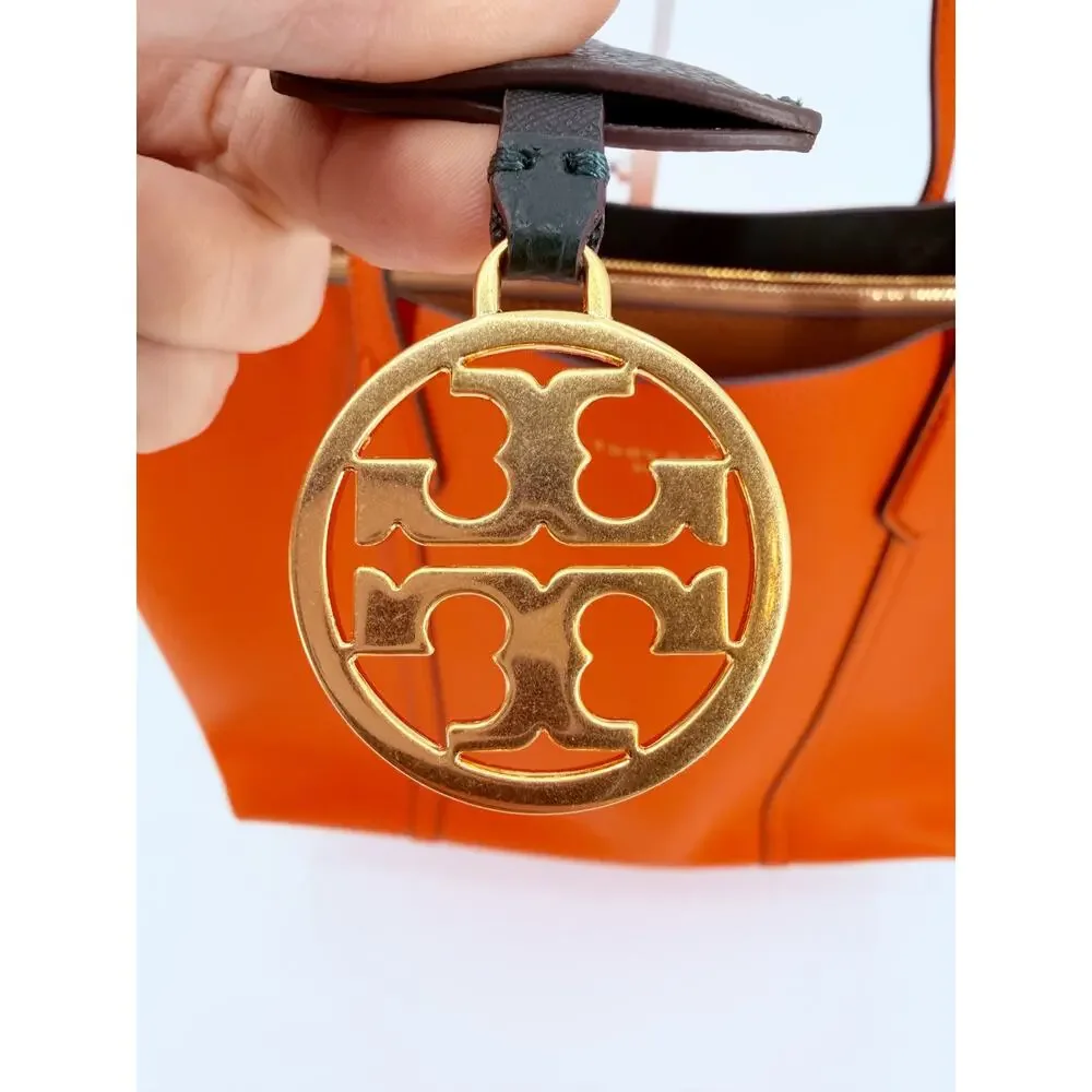 Tory Burch Perry Orange Pebbled Leather Triple Compartment Tote Shoulder Bag